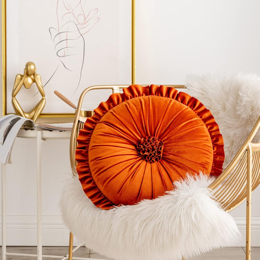 S SSOY Velvet Round Pillow - Ruffle Home Decoration Cushion for Sofa, Chair, Bed, Window, Floor - 13.7in
