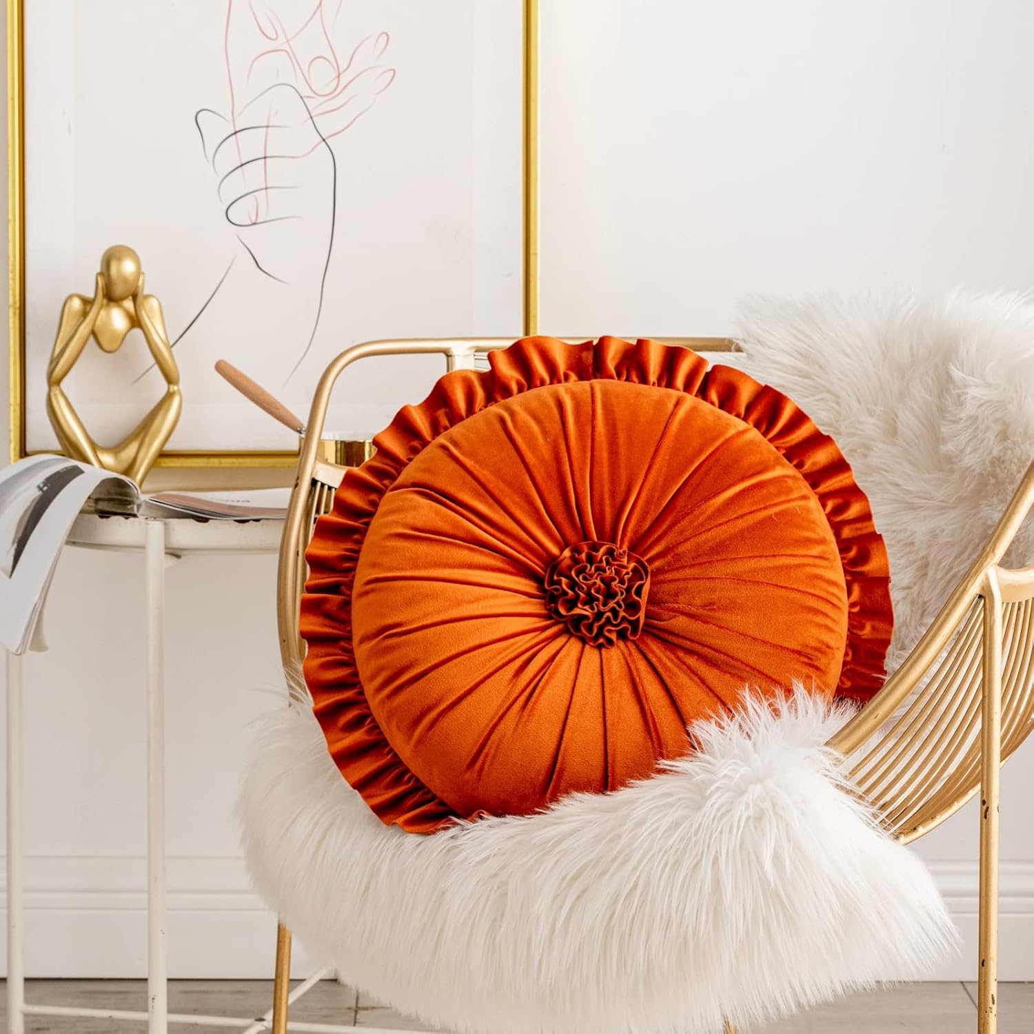 S SSOY Velvet Round Pillow - Ruffle Home Decoration Cushion for Sofa, Chair, Bed, Window, Floor - 13.7in