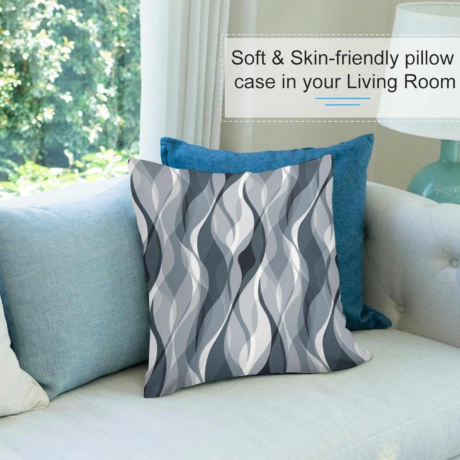 Blue Throw Pillow Covers Modern Abstract Blue and Grey Striped Decorations for Bedroom Living Room Farmhouse Sofa Pillows Bed Couch 20x20 Inch