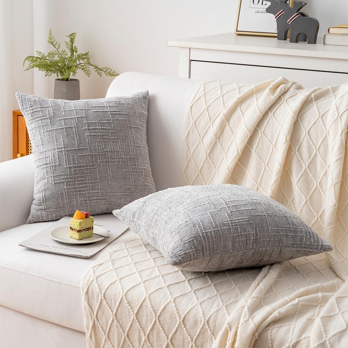 Decorative Throw Pillow Covers 18x18 Inch Set of 4, Soft Solid Farmhouse Chenille Couch Pillows, Spring Pillow Covers for Couch Sofa Bed Living Room Home Decor Pillowcase, Light Gray