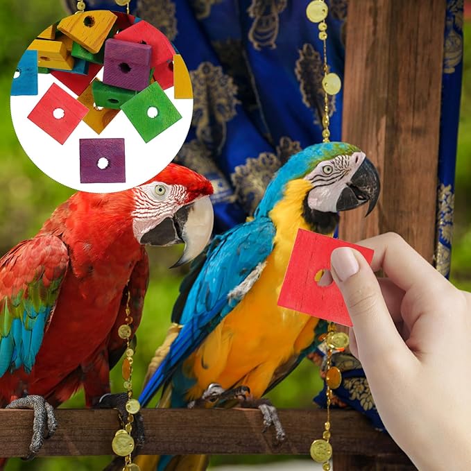 Parrot Toys 100 Pcs Wooden Blocks Bird Chewing Trim Beak Foot Craft Cage Part Mini Wood Chip Charms DIY Playing Chewing Shredding Mixed Large Bird Toys (Pack of 2)