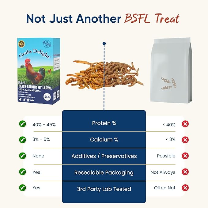 2LB Dried Black Soldier Fly Larvae for Chickens – 85x More Calcium Than Mealworms, for Chickens and Birds, 100% Natural Non-GMO Chicken Worms Treats, High Protein & Calcium Poultry Feed
