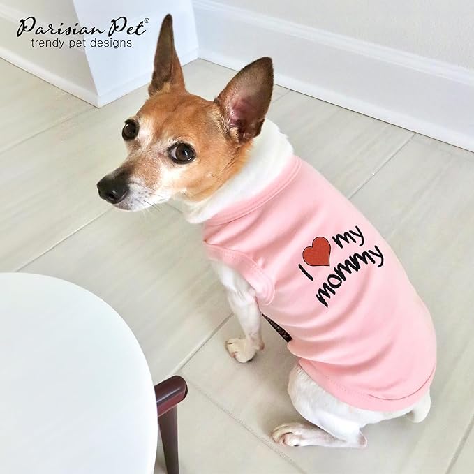 Parisian Pet Dog T-Shirt with Embroidered 'I Love My Mommy' Words - 100% Cotton, Pink Clothes - Breathable Sleeveless Pet Vest - Machine Washable Shirts for Small Dogs, S