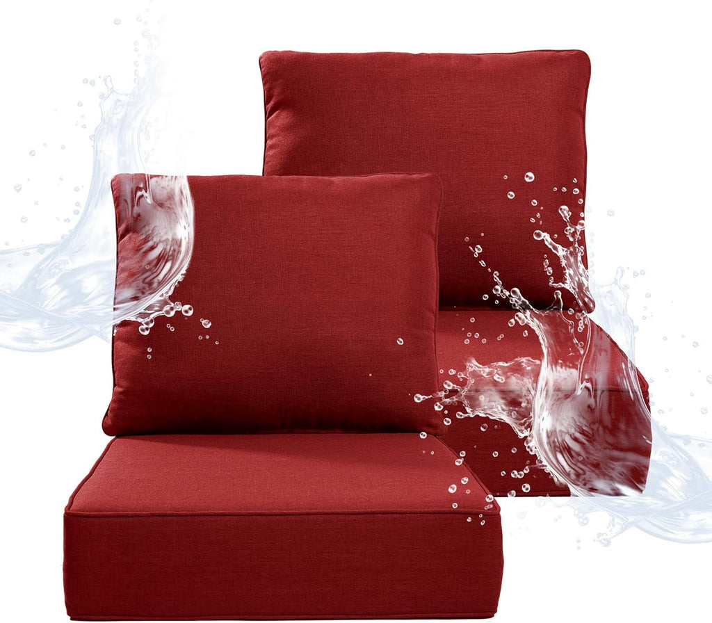 6" Thicker Outdoor Chair Cushion 2 Sets - 24" *24" *6" Waterproof Patio Furniture Cushions with Removable Cover, 28D High Density Sponge Filling Thicken Outdoor Patio Cushions - Red