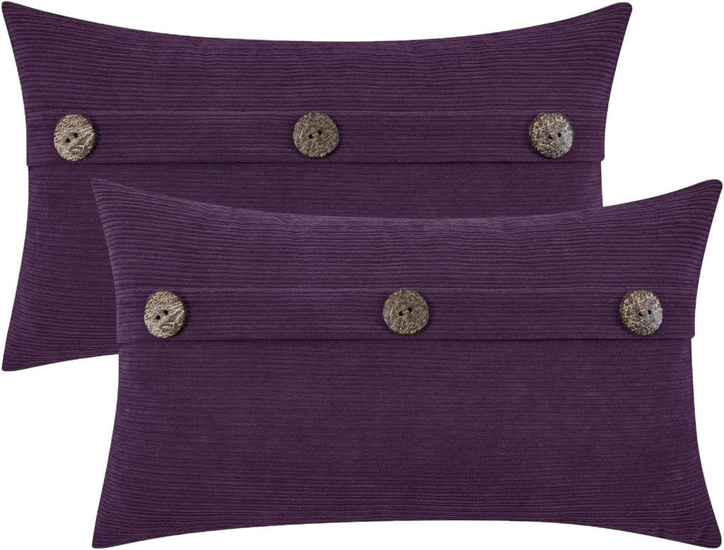HWY 50 Purple Chenille Throw Pillow Covers 12x20 Inch with Triple Buttons, Soft Farmhouse Accent Decorative Cushion Cases for Couch Sofa Bed Living Room Pack of 2 Rectangle