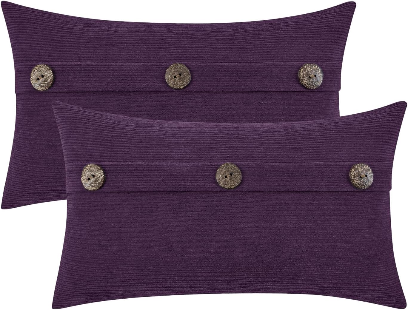 HWY 50 Purple Chenille Throw Pillow Covers 12x20 Inch with Triple Buttons, Soft Farmhouse Accent Decorative Cushion Cases for Couch Sofa Bed Living Room Pack of 2 Rectangle