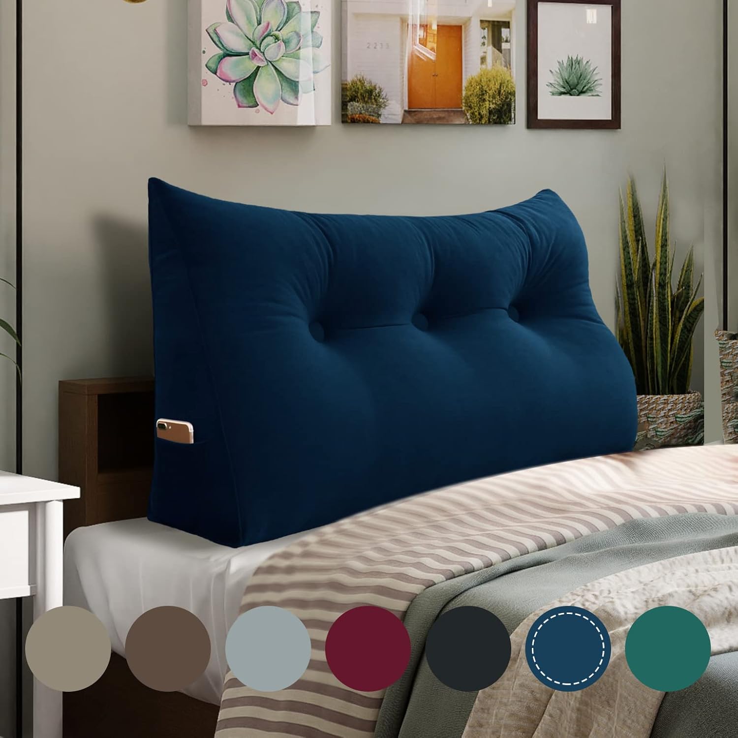 Wedge Headboard Pillow Dorm Room Reading Pillow Back Support for Sitting Up in Bed Bolster Lumbar Cushion Body Positioning Bedrest Velvet 39in Navy Blue Twin