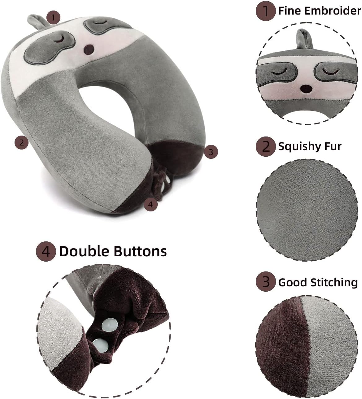 Niuniu Daddy Travel Neck Pillow - Pure Memory Foam Cervical Support Pillow for Sleeping on Airplane, Car, Train for Long Trips - Sloth Design for Kids Age 8+, Teens, Adults, Boys, Girls