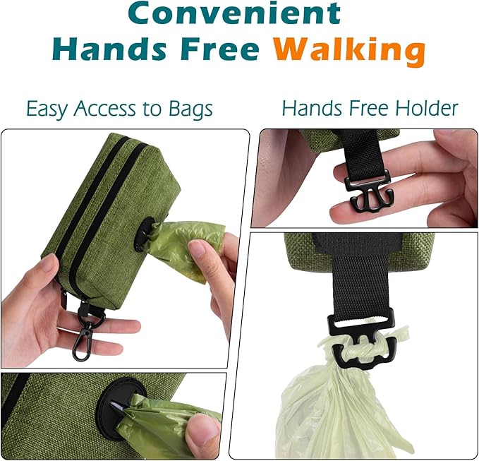 PetBonus Dog Poop Bag Holder, Portable Pet Waste Bag Dispenser, 2 Pouches for Treats and Walking Accessories, Fit All Leashes, Includes 1 Roll of Dog Poop Bags (Army Green)