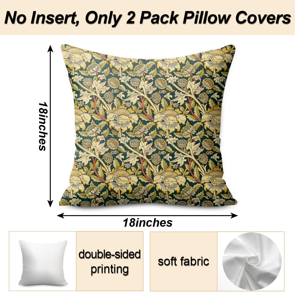 Vintage Flowers Throw Pillow Covers, Set of 2 Floral Pillow Covers, Pillow Covers 18x18, Retro Botanical Bedroom Home Living Room Car Seats Sofa Couch Decor Floral Pillow Cases Pillow Protector