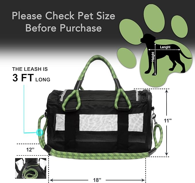 | TSA Airline Approved |Soft Sided Pet Carrier | Cat Carrier | Dog Carrier| Pets Up to 15 lbs | Leash & Luggage Strap | Black with Green Handle