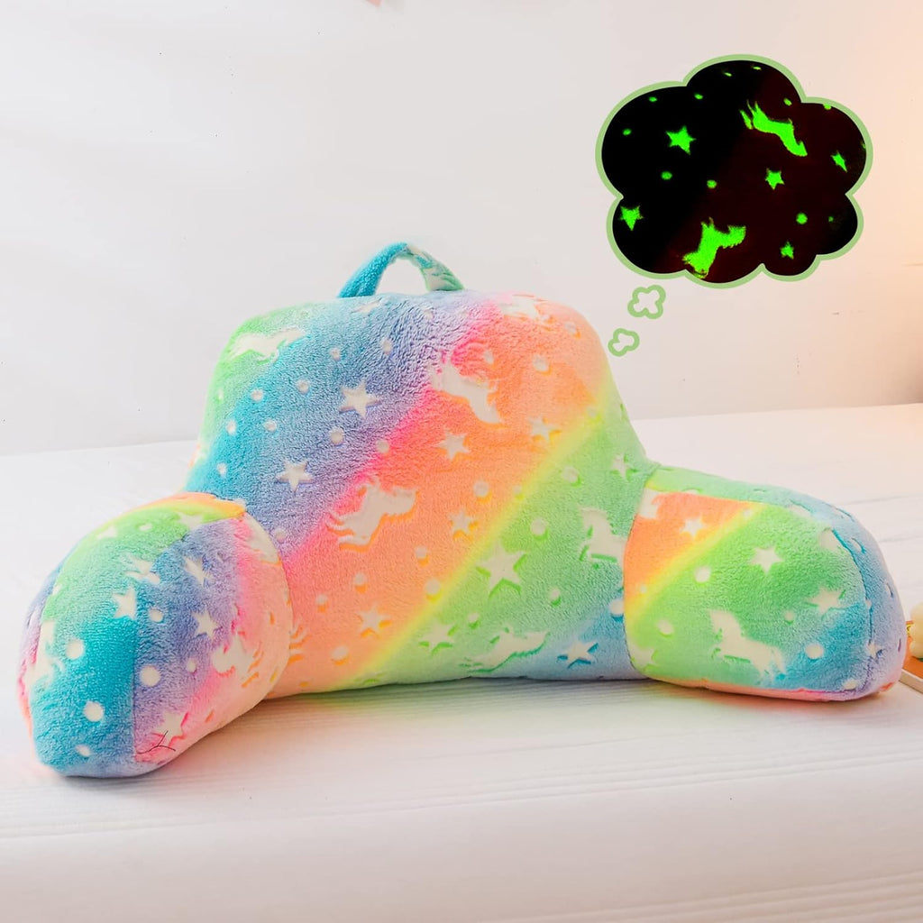 Meeting Story Colorful Gradient Rainbow Star Unicorn Luminous Reading Pillows Glow in The Dark with Arms Back Pillow for Bed, Bed Rest Pillow for Adults Teens, Kids, (Yellow-Pink)