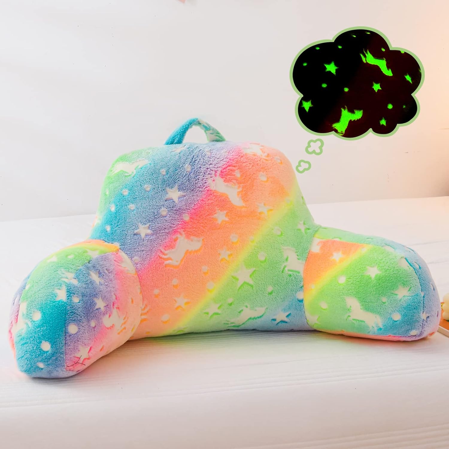 Meeting Story Colorful Gradient Rainbow Star Unicorn Luminous Reading Pillows Glow in The Dark with Arms Back Pillow for Bed, Bed Rest Pillow for Adults Teens, Kids, (Yellow-Pink)