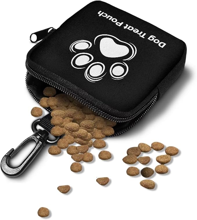 KEIAHUAN Dog Treat Pouch Small Dog Treat Bag Hands Free Dogs Walking Bags with Carabiner Self-Closing Pet Feed Snack Reward, for Puppy Travel or Outdoor Use, Black