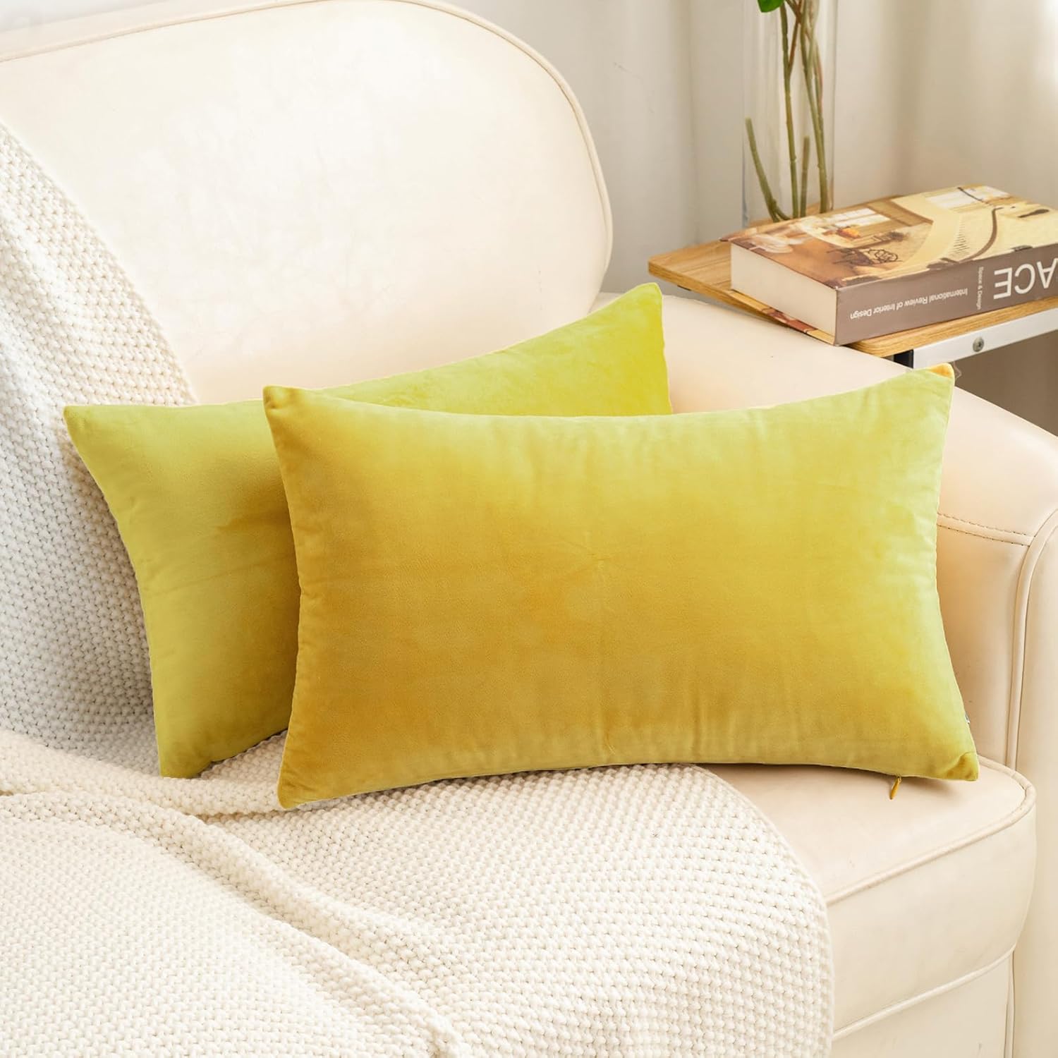 HWY 50 Yellow Velvet Rectangular Throw Pillow Covers 12x20 Inch, Pack of 2 Soft Cozy Solid Decorative Luxury Cushion Cases for Couch Sofa Bed Living Room Bedroom