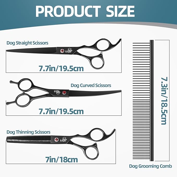 7.0" Professional Dog Grooming Scissors Kit – 3-Piece Set with Straight, Curved & Thinning Shears, Black Japanese Stainless Steel, Includes Grooming Comb for Dogs & Cats