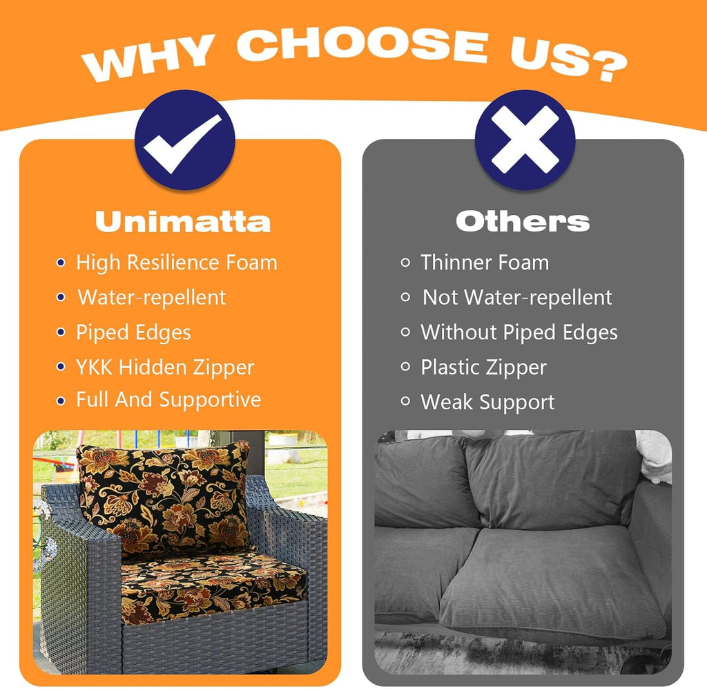 Outdoor Patio Chair Cushions Set, 24" x 24", Set of 2, Water-Repellent, Fade Resistant, Deep Seat Bottom and Back Cushion for Backyard, Couch, Sofa and Patio Furniture, Red Yellow Vine Flower