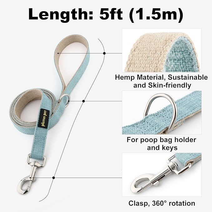 Plutus Pet Cotton Hemp Dog Collar and Leash Set, Adjustable Collar for Small, Medium, and Large Dogs, Heavy Duty and Soft on Skin, Light Blue, L
