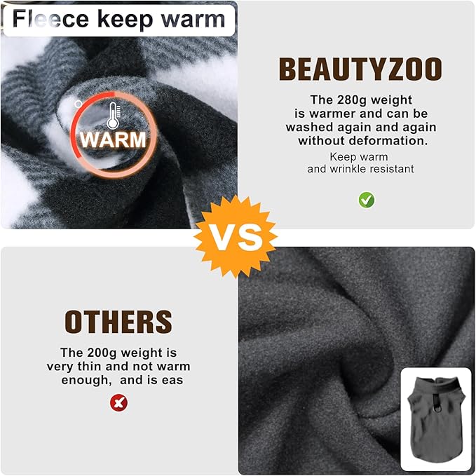 BEAUTYZOO Small Dog Sweater Fleece Vest Winter Jacket, D-Ring Leash Attachment for XS S Puppy Medium Sized Breeds Dogs, Cold Weather Dog Clothes Windproof Keep Warm, Classic White Plaid S