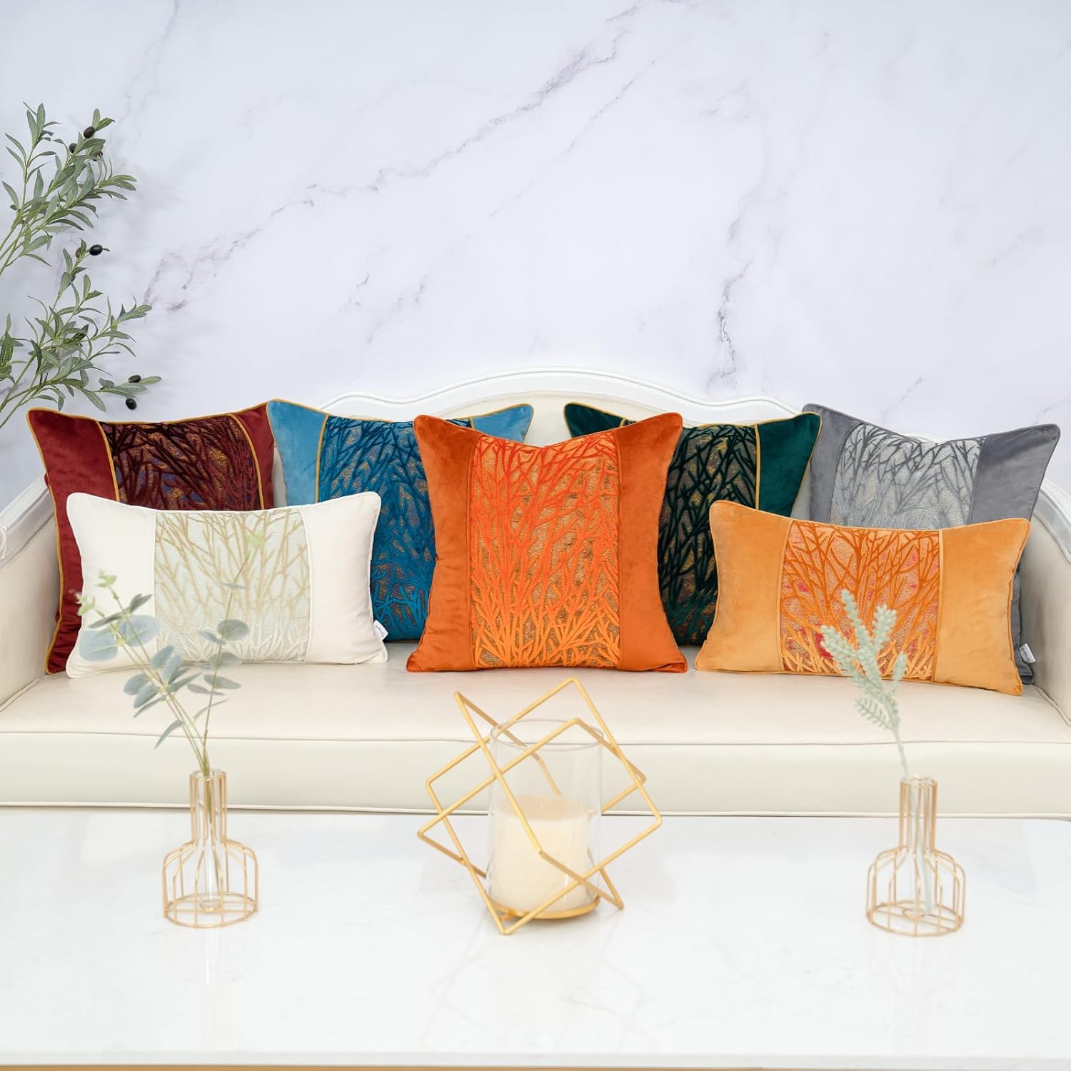 Yangest Orange Yellow Twigs Throw Pillow Cover Velvet Branches Velvet Cushion Case Neutral Pillowcase for Sofa Couch Bedroom Living Room Home Decor,20x20 Inch