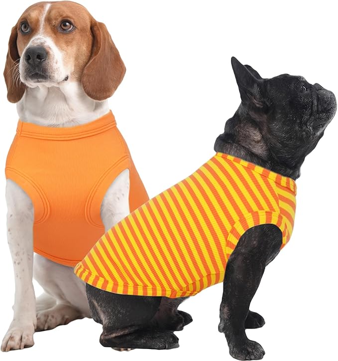 IECOii 2 Pack Dog T-Shirts for Small Medium Dogs,Lightweight & Comfortable – Easy to Wear,Machine Washable & Non - Fading – Perfect for Summer Indoor and Outdoor Use,Orange+Stripes,Large