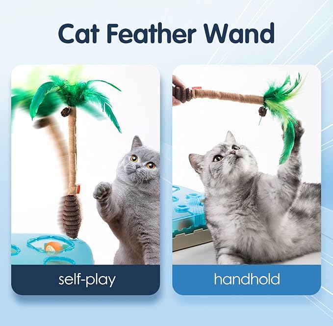 Migipaws 7-in-1 Interactive Cat Toy Motion Activated Indoor Playset with Automatic Pop Bounce Cat Ball, Feather Palm Tree Wand, Catnip Ball & Self-Grooming Cardboard House Rechargeable