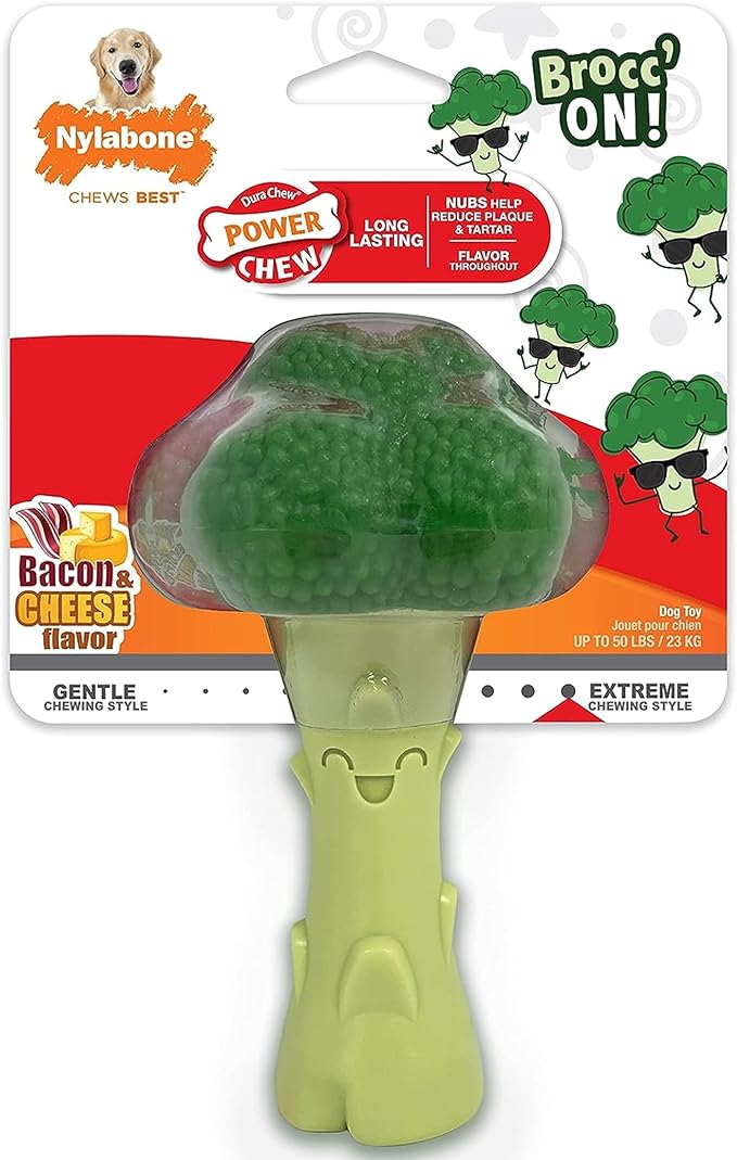 Nylabone Broccoli Power Chew Toy for Dogs, Dog Toys for Aggressive Chewers, Bacon & Cheese Flavor, Large Dogs - Up to 50 lbs, 1 Count