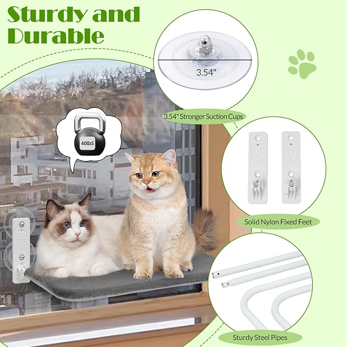 keny Cordless Foldable Cat Window Perch, Reversible Cover with Two Different Kinds of Fabrics, Dark Grey