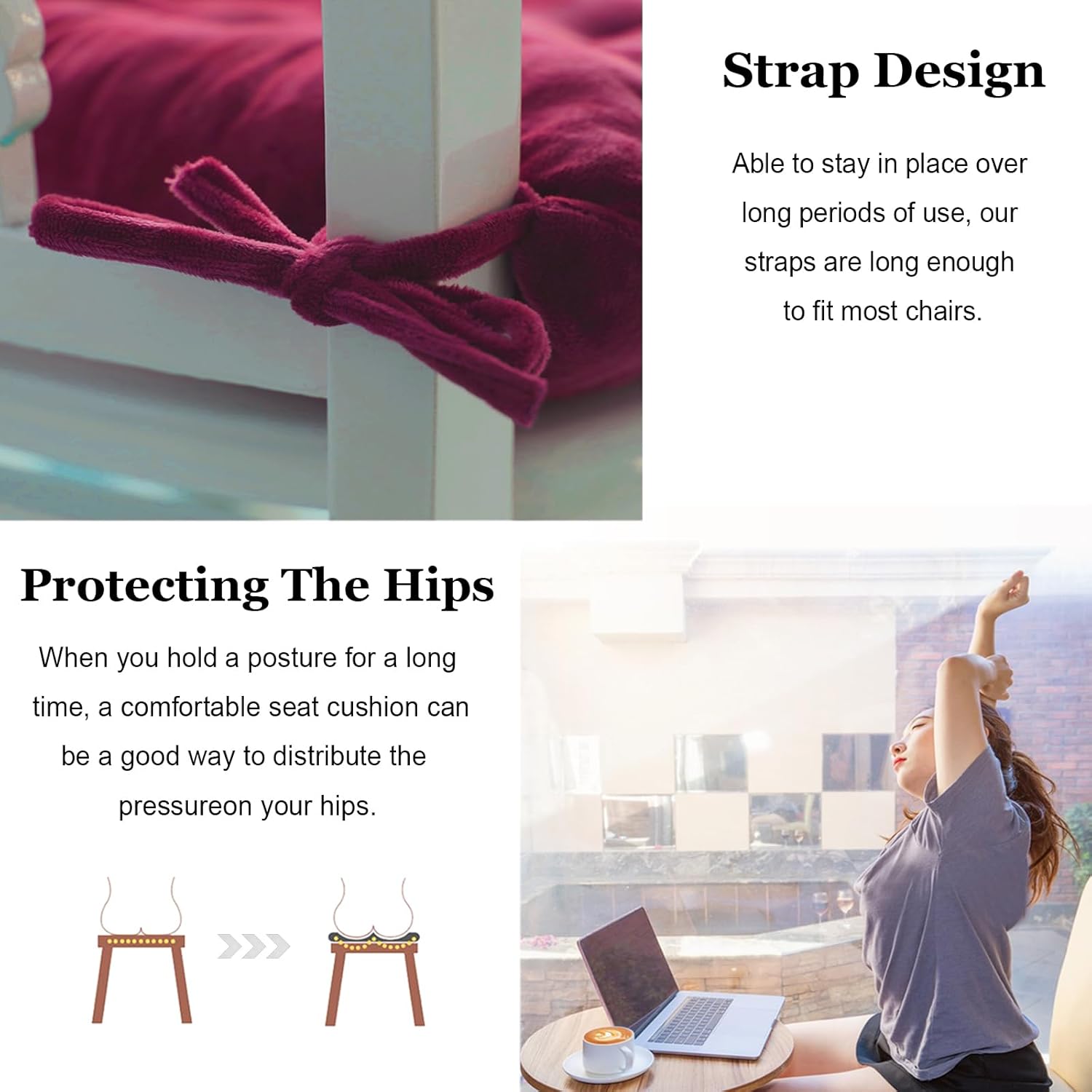 2 Pack Square Seat Cushion Chair Pads for Kitchen Dining Chairs, Soft Comfort Velvet Chair Mat Pillow Cushions with Ties for Office Desk Living Room Tatami 15.5", Burgundy