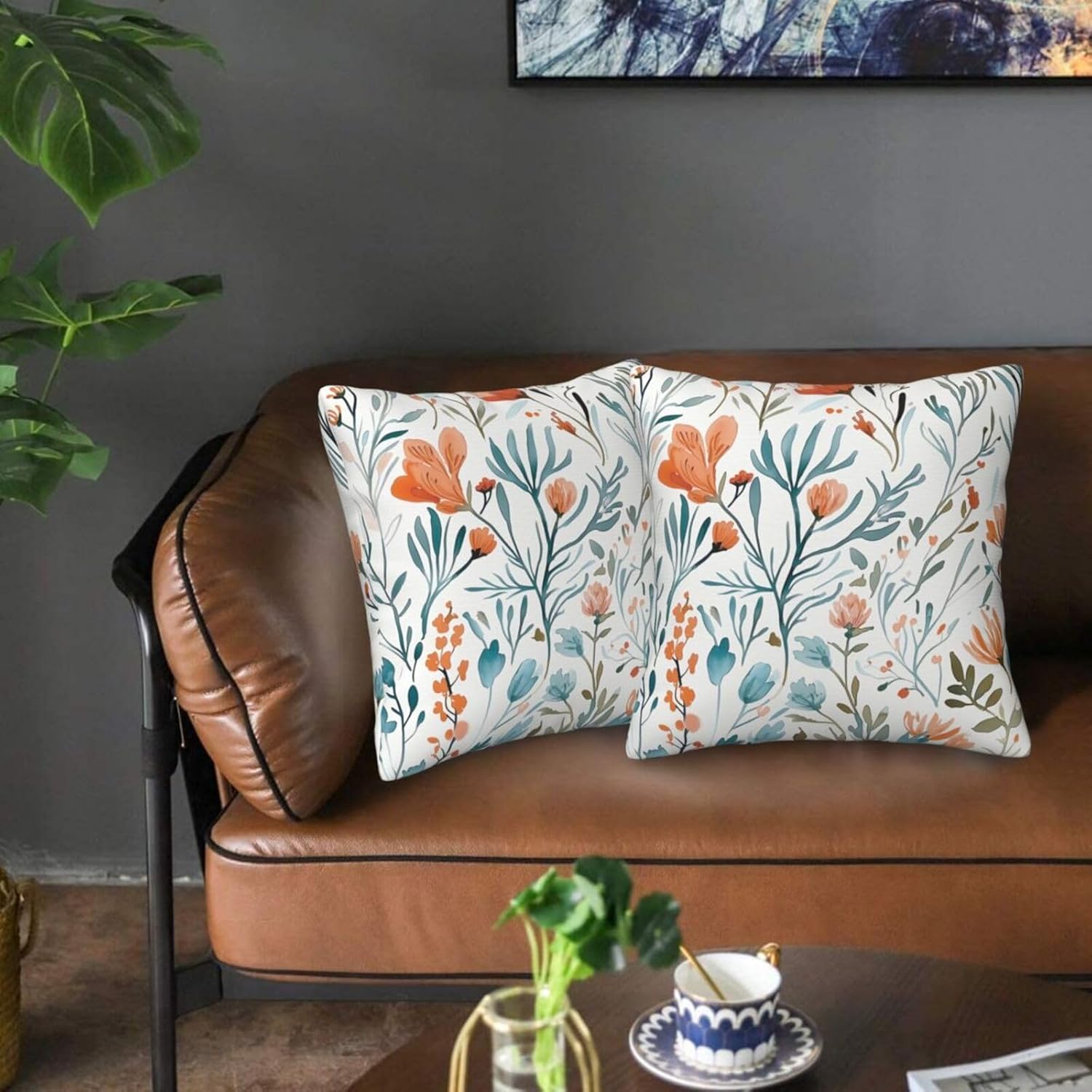 Turquoise Orange Floral Throw Pillow Covers 18x18 in Set of 2 Decorative Teal Orange Flower Square Pillowcase Pillowcovers for Couch Living Room Sofa Bedroom