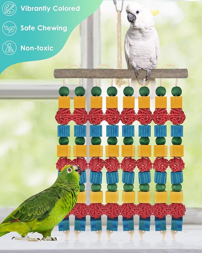 Large Parrot Toys, 17.7 inch Multicolored Natural Wooden Blocks Beads Rattan Balls, Bird Chew and Hanging Tearing Toys for Large Medium Birds Macaws African Grey Cockatoos Amazon Parrots
