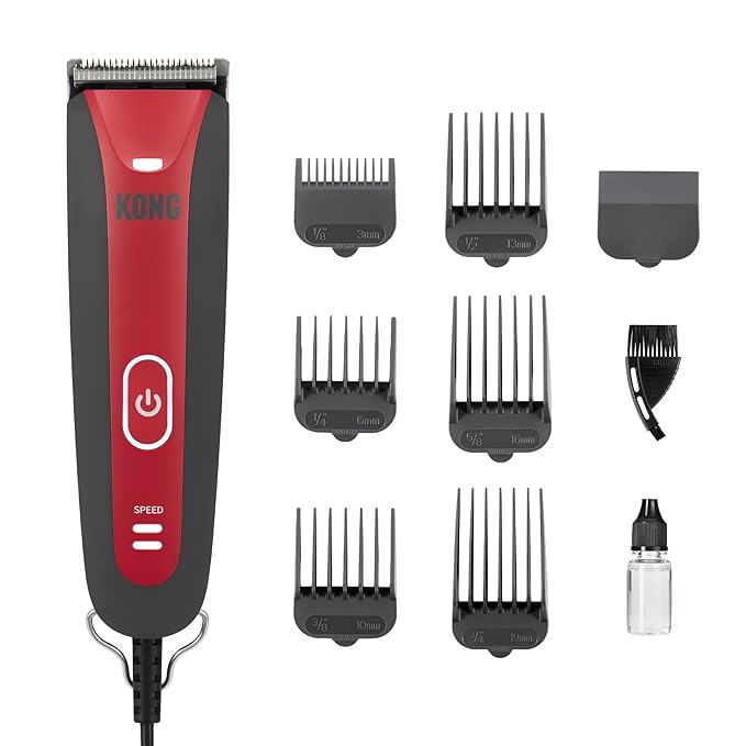 KONG 2-Speed Dog Clipper Grooming Kit – Stainless Steel Blade, Waterproof, LED Spotlight, 6 Guide Combs, 8-Foot Cord, Ergonomic Handle – Red/Gray, Medium Coat Types