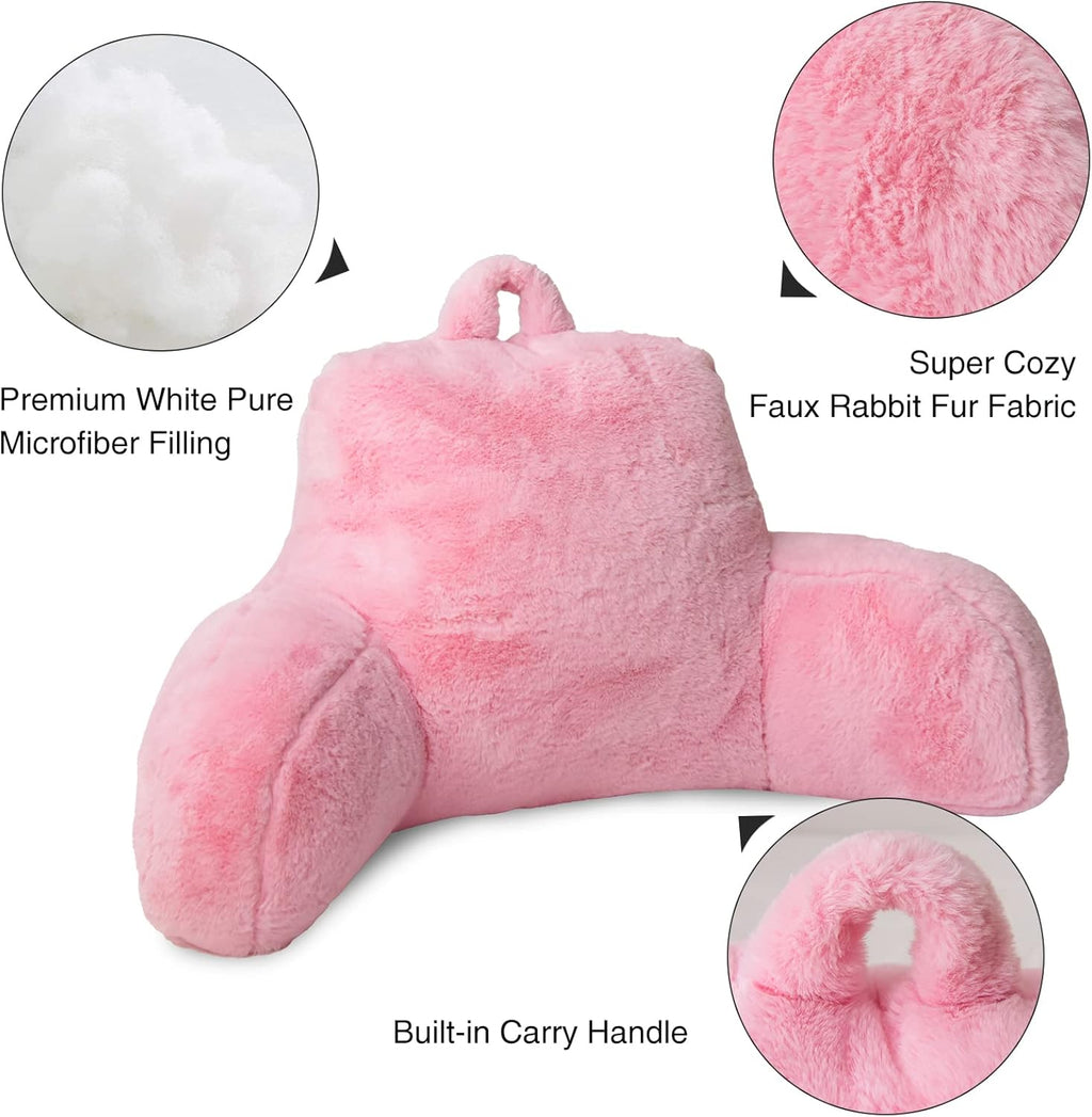 Aimuan Reading Pillow Bed Rest Pillow with Arms Rabbit Fur Cushion for Adults Teens Incline Rest Sitting up & Sleeping Snoring Pillow with Pregnancy Lumbar Back Support (Standard, Pink)