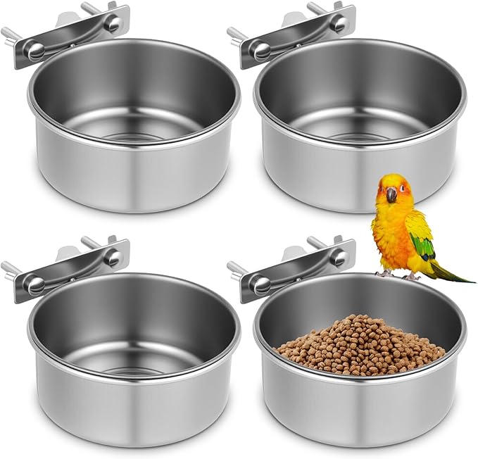 4pcs Medium Stainless Steel Bird Bowls,Bird Water Bowl with Clamp Holder,Parrot Food Bowl Parrot Cage Coop Feeders for Cockatiel Parakeet Macaw Finches Lovebirds Small Animals