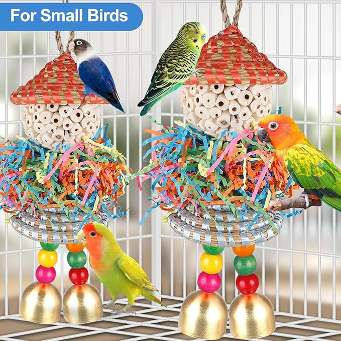 2PCS Bird Toys Parrot Foraging Shredder Hanging Toys Sola Balls with Bell for Small Parrots Parakeets Cockatiel Conures Love Birds Budgie Cage Toy