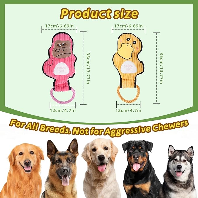 2-Pack Squeaky Dog Toys & Tough Tug of War Set - No Stuffing Chew-Resistant Plush Toys to Keep Them Busy, Best Birthday Gift for Small/Medium/Large Breeds (Ducks & Gorilla)