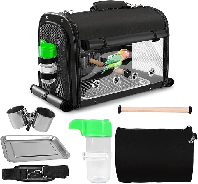 SUERTREE Bird Carrier Bag Bird Travel Cage with Stand, Lightweight Backpack for Parrot, Portable Bird Travel Bag, Pet Transparent Breathable Travel Cage, Black