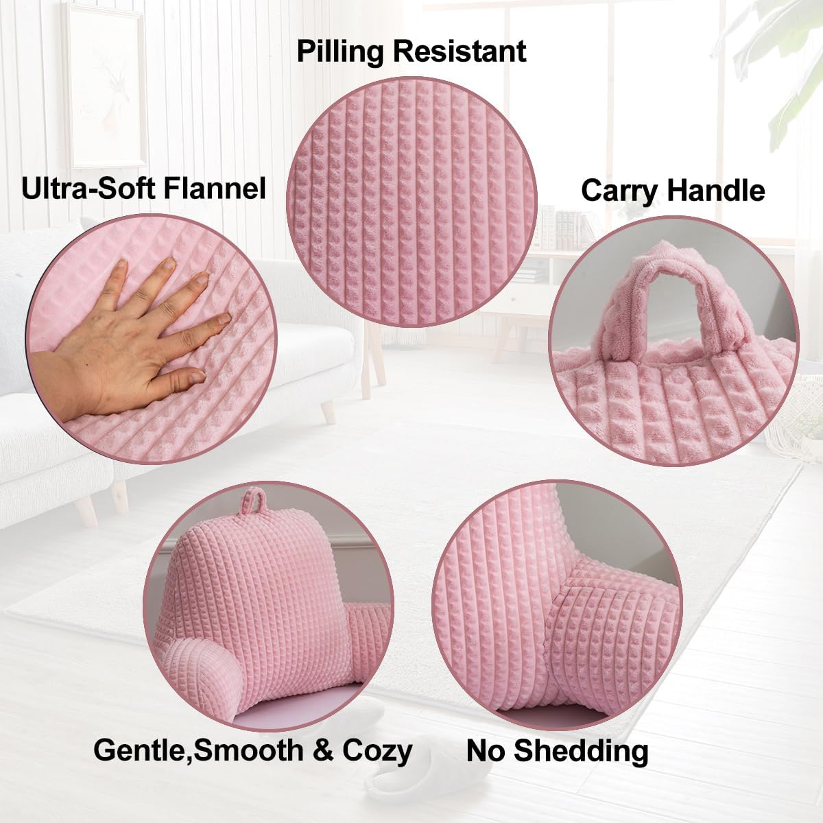 Holawakaka Reading Pillow for Bed and Sofa Couch Sitting Up, Backrest Pillows with Arms for Kids Teens Adults, Back Support Cushion for Lounging, Watching TV, Working on Laptop, Pink