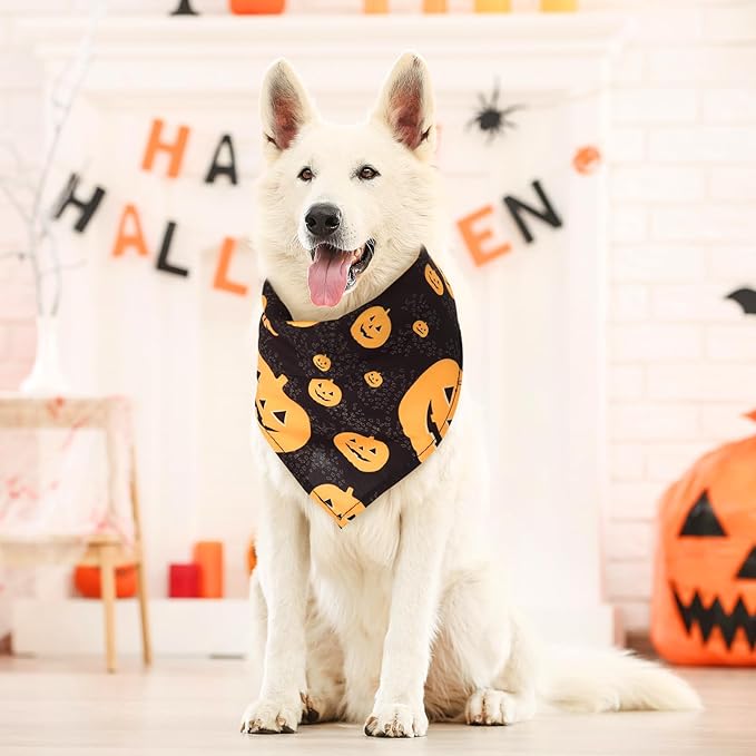 Kigeli 100 Pack Halloween Dog Bandanas Adjustable Triangle Bibs Scarf Ghost Halloween Pumpkin Spider Web Pet Bandanas Costumes Holiday Accessories for Large Medium Small Dog Puppy Cat(Large)