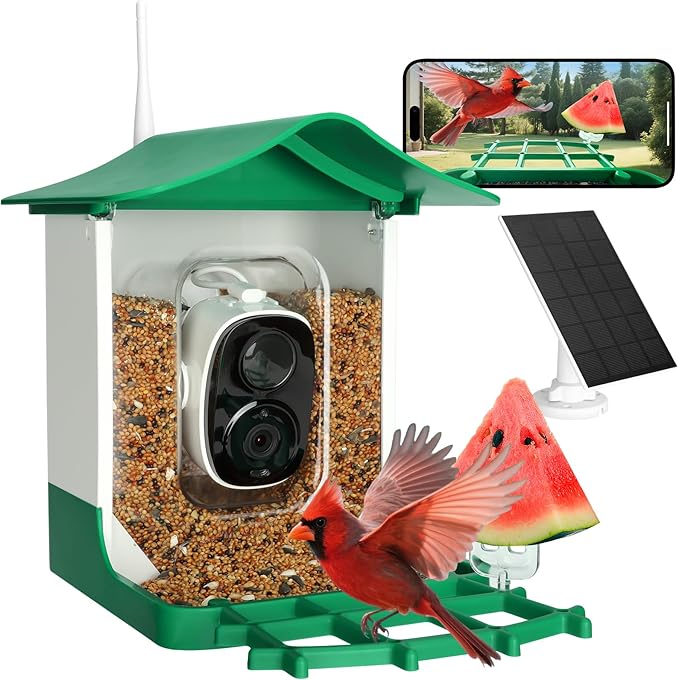 Smart Bird Feeder with Camera,AI Identify Birds Species,Auto Record 2K Birds Video in Backyard Garden,Live View,Instant Notifications，Solar Powered Charging,Ideal Gift for Family and Bird Lovers