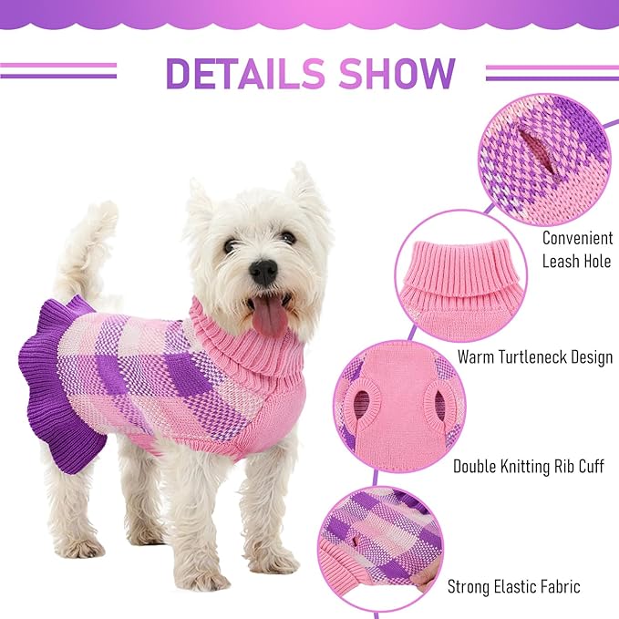 Dog Sweater Dress Plaid Knitwear for Small Medium Dogs Warm Puppy Pet Turtleneck Stretch Pullover Cute Fall Winter Vest Clothes with Leash Hole for Christmas (Purple, 2XL)