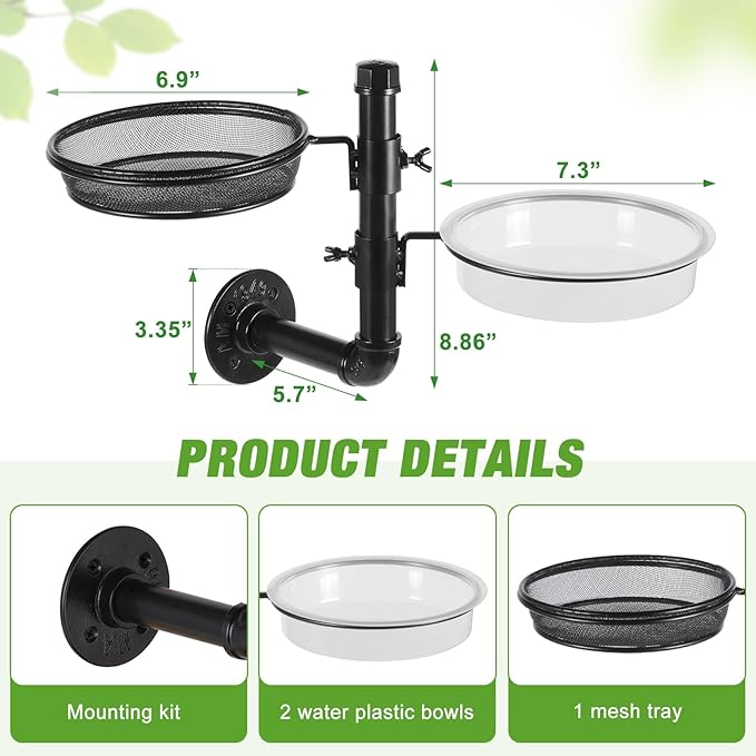Urban Deco Wall Mounted Bird Feeder With Detachable Tray and 2 Water Bowls for Balcony, Yard, Fence, and Tree - Black