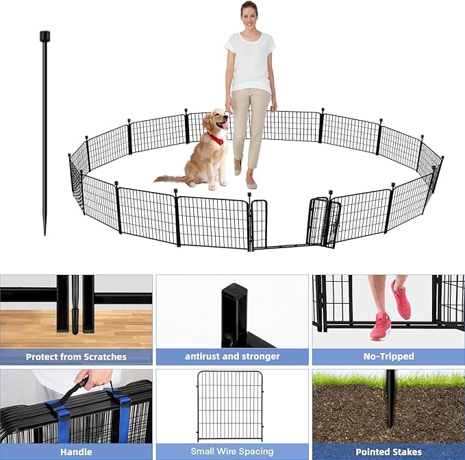 ADAVIN Garden Fence 32 in(H) x 35.4 ft(L) 16 Panels for Camping, Black Heavy Duty Iron Metal Animal Barrier Fence, Rabbit Fence for Yard, Indoor Dog Playpen, Temporary Flower Bed Fencing Border,Black