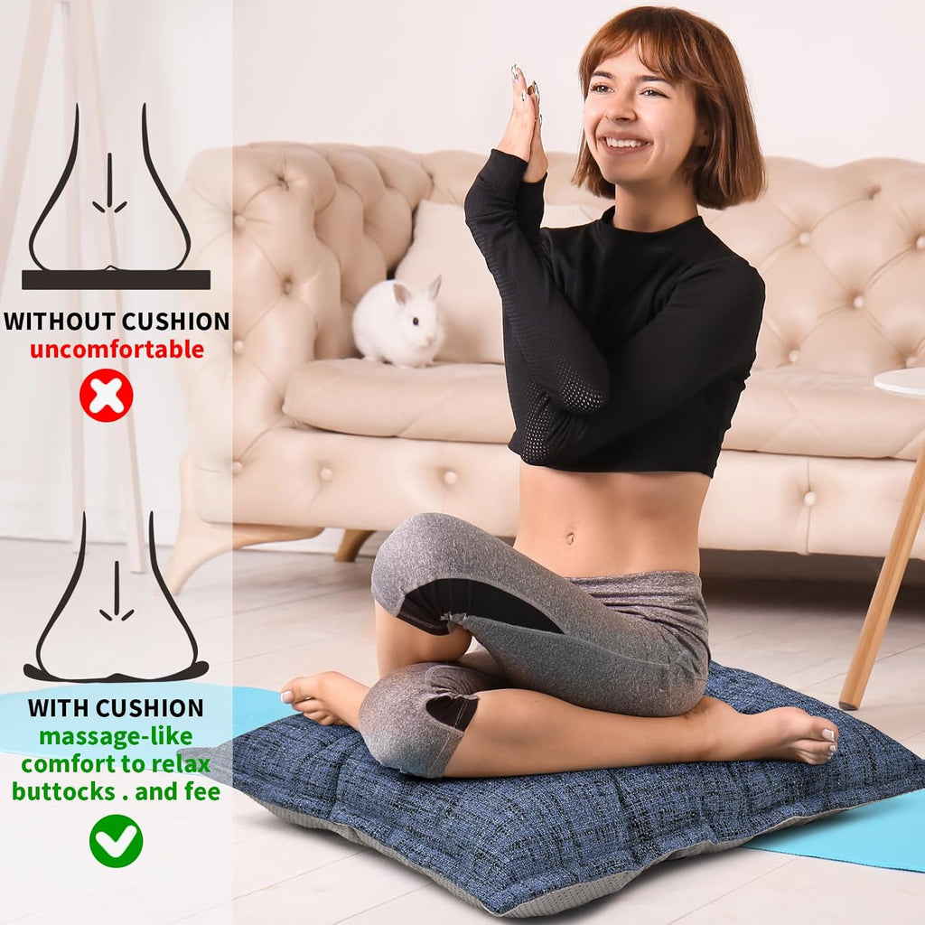 SINSOSSO Large Floor Pillows 22", Thickened Bite-Size Memory Foam Square Non-Slip Cushions for Office Back Support/Yoga/Chair Seat, Fashionable Color-Blocked Fabric & Washable, Blue, 2 PCS