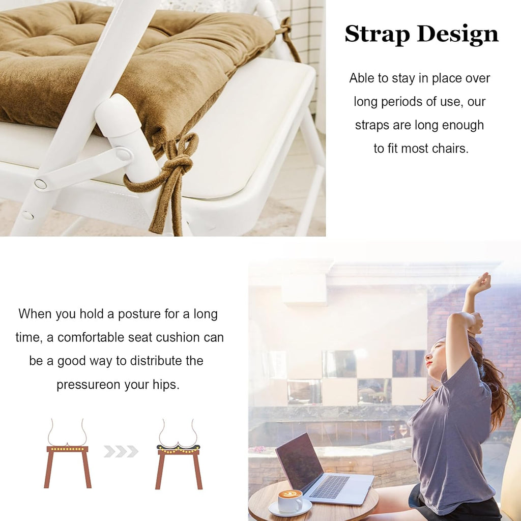 6 Pack Square Seat Cushion Chair Pads for Kitchen Dining Chairs, Soft Comfort Velvet Chair Mat Pillow Cushions with Ties for Office Desk Living Room Tatami 15.5", Khaki