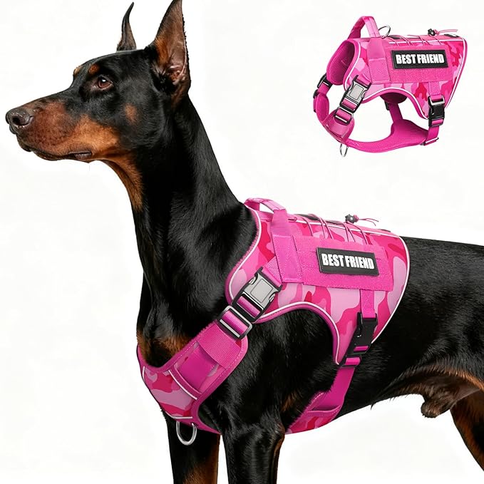 Tactical Dog Harness for Large Dogs,No Pull Military Dog Vest with Easy Control Handle&Molle,Adjustable Heavy Duty Pet Harness for K9 Working Hiking Training Daily Walking Camo Pink L