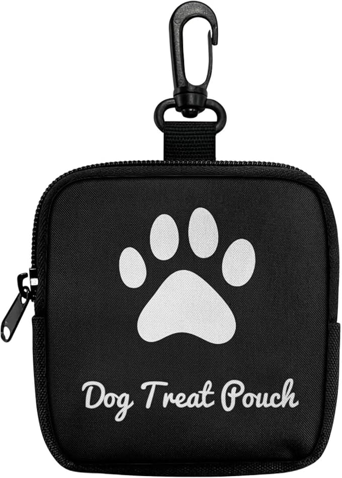 KEIAHUAN Dog Paw Print Dog Treat Pouch for Pet Walking and Training with Clip, Small Training Bag Portable Dogs Treat Bag Pet Snack Bags for Puppy, Black