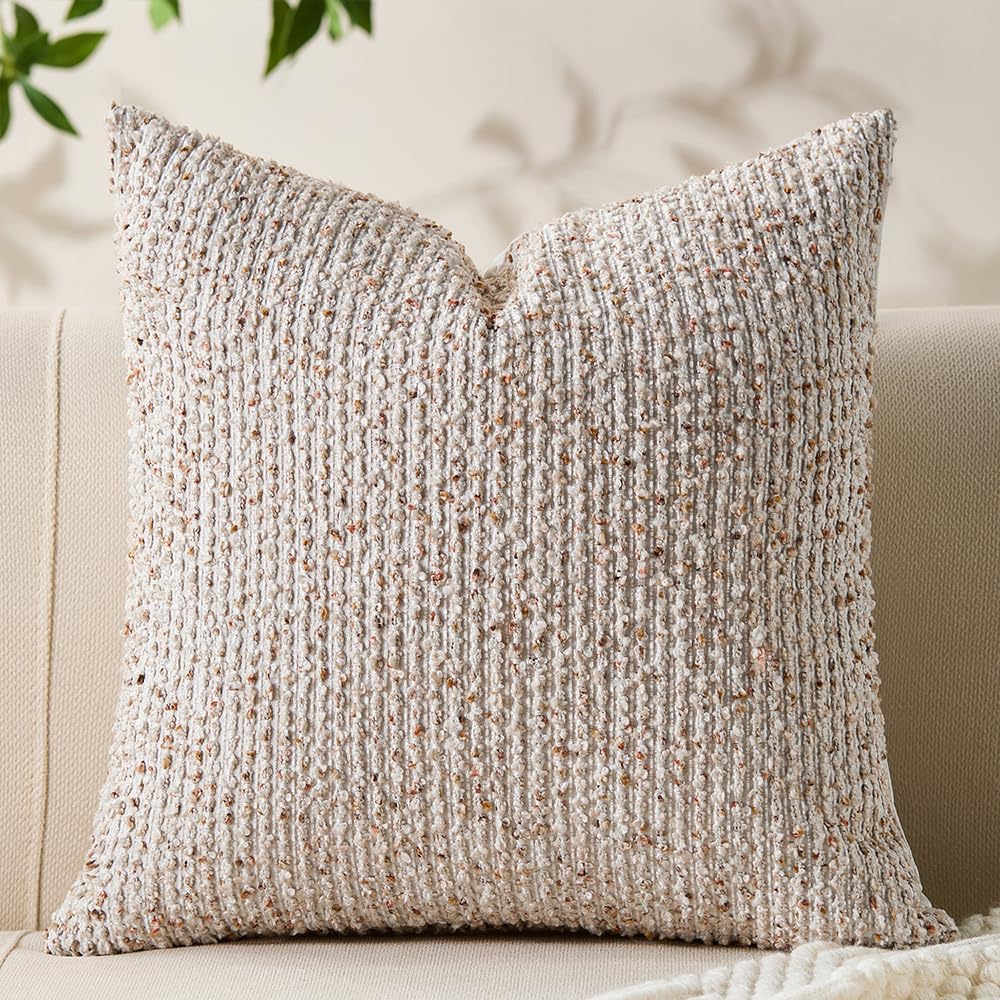 Decorative Couch Throw Pillow Covers 16x16 Beige Striped Soft Wool Pillow Covers Neutral Textured Boho Cushion Covers for Modern Farmhouse Sofa Bedroom Living Room Decor SY011-A16
