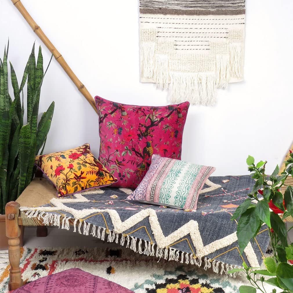 Eyes of India 16x16 Burgundy Red Velvet Floral Flower Bird Throw Pillow Sofa Cushion Cover Case Couch Colorful Boho Chic Bohemian Accent Indian Handmade