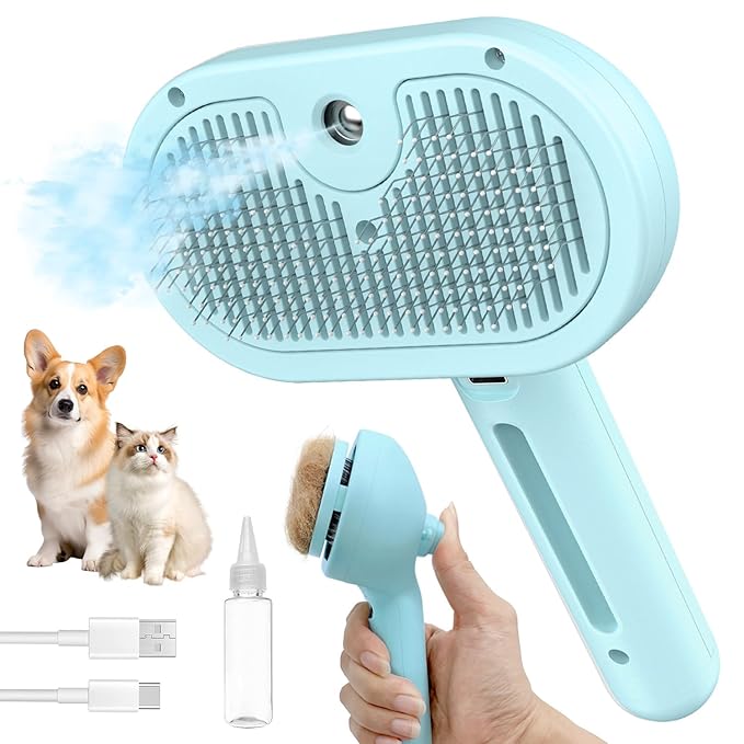 Dog Brush for Shedding, 3 in 1 Self Cleaning Steam Dog Brush - Anti-Static,Cat Steam Brush Removal Comb with Release Button, Grooming Tool for Long and Short Hair Pets, Blue